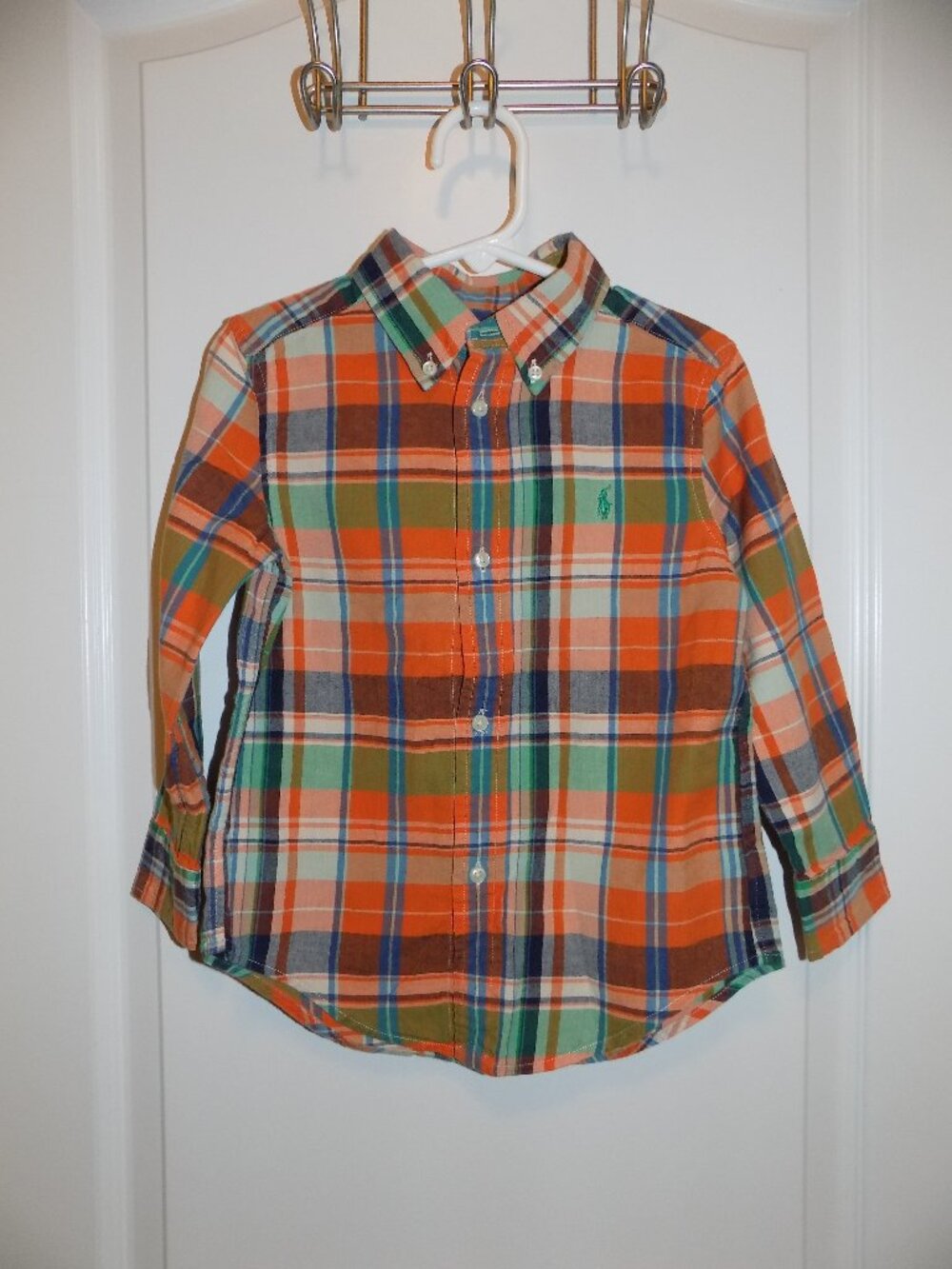 POLO Ralph Lauren Orange Green Plaid Buttondown Shirt Sz 3T Fall Photo EXCELLENT